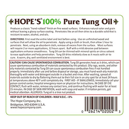 HOPE'S 100% Pure Tung Oil, Food Safe, Premium Waterproof Natural Wood Finish and Sealer for Indoor and Outdoor Projects, 32 Fl Oz, 1 Pack - WoodArtSupply