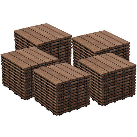Yaheetech 55pcs Patio Deck Tiles Interlocking Wood Composite Deck Wooden Flooring Deck Tiles 12 x 12in Fir Wood Indoor&Outdoor, Brown Yaheetech