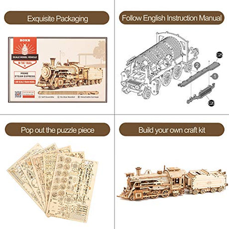 ROKR Prime Steam Express 3D Wooden Mechanical Train Puzzle Kit for Adults and Kids ROKR