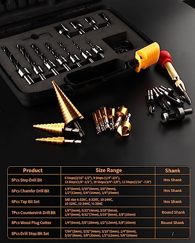 ZORUNNA 34 Pcs Woodworking Chamfer Drilling Tools Including 6 Countersink Drill Bit Set, 7 Countersink Drill Bit, 8 Plug Cutters for Woodworking, 3