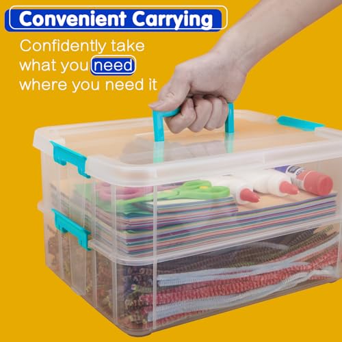TERGOO 2 Layer Plastic Storage Containers with Lids, Multipurpose Clear Stack & Carry Box, Portable Craft Organizers and Storage Bin for Organizing
