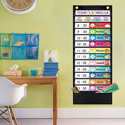 Amzoya Daily Schedule Pocket Chart. Kids Schedule Pocket Chart with 15 Dry-Eraser Cards. 13+1 Pockets. Schedule Pocket Chart for Classroom & Home - WoodArtSupply