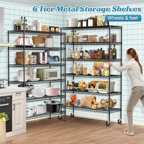 YRLLENSDAN 6 Tier Wire Shelving Unit 6000lbs Capacity Metal Storage Shelves with Wheels Height Adjustable Heavy Duty Steel Shelf for Kitchen YRLLENSDAN
