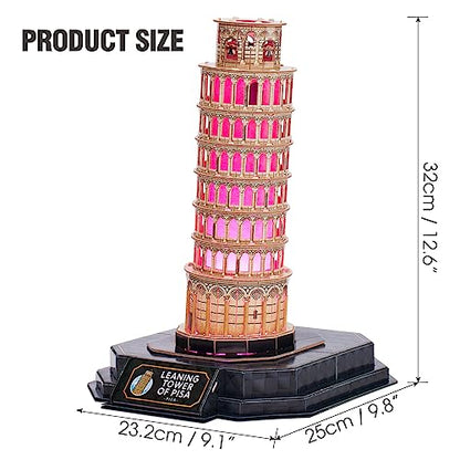 CubicFun 3D Puzzle LED Leaning Tower of Pisa with Colorful Lights 3D Puzzles for Adults Model Kits Italian Building Crafts for Adults Brain Teaser - WoodArtSupply