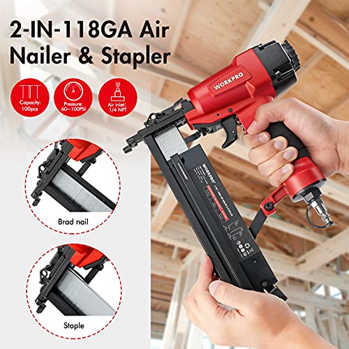 WORKPRO Pneumatic Brad Nailer, 18 GA, 2 in 1 Nail Gun and Crown Stapler, with 400pcs Nails/ 300pcs Staples, for Carpentry, DIY Project, Woodworking