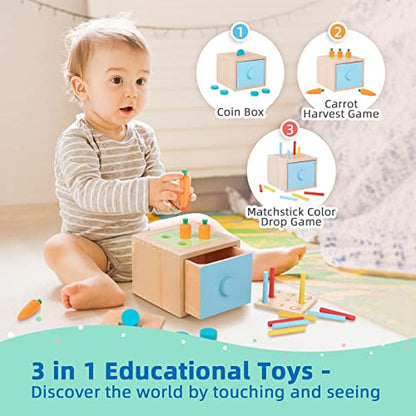 TOOKYLAND Montessori Toys for 1 Year Old, 8 in 1 Learning Educational Set Wooden Toys (Includes Stacking Cups, 3 in 1 Educational Box, Pound Bench,