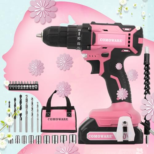 COMOWARE Cordless Drill Set, 20V Power Drill, Pink Drill Set for Women, 1 Battery & Charger, 3/8" Keyless Chuck, 2 Variable Speed, 266 In-lb Torque, COMOWARE