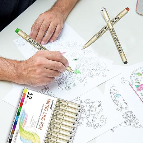 CHARSOCO 01 Micro Pen, Fine Point Pen with 12 Colors, Waterproof Archival Ink, 0.25mm Fineliner Ink Pens for Artist Illustration, Sketching, Anime, CHARSOCO