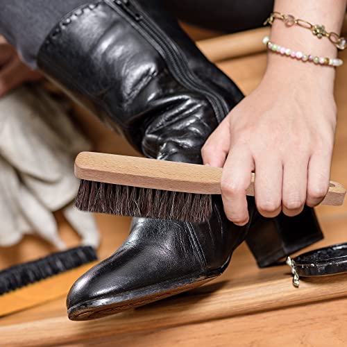 Horsehair Shoe Boot Brush 10.2 inches, Hat Brush, Hand Broom Brush by TAKAVU, 100% Soft Genuine Horse Hair Bristles, Long Beech Wood Handle for TAKAVU
