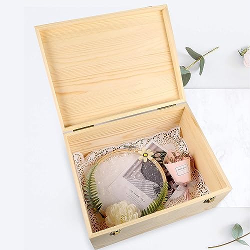 Voittozege Unfinished Wooden Box,12 x 9 x 5 Inch Natural Wood Boxes Large Wooden Box with Hinged Lid and Front Clasp DIY Wood Boxes Craft Stash Boxes Voittozege