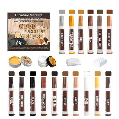 A-HEYIDA 22PCS Furniture Markers Touch Up Kit - New 16 Color Wood Markers with Beeswax Wood Putty Filler Wood Scratch Repair Kit, Wood Stain Pen for