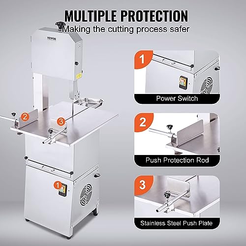 VEVOR Commercial Electric Meat Bandsaw, 850W Vertical Bone Sawing Machine, Stainless Steel 23.6" x 18.3" Workbench, Frozen Meat Cutter with 2 Blades, - WoodArtSupply