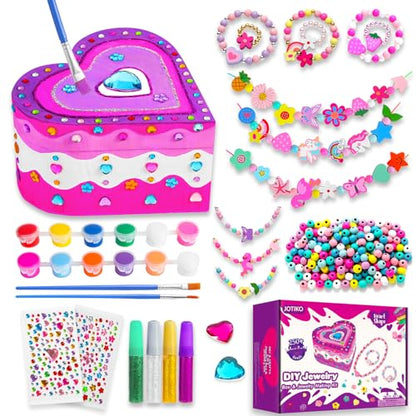 JOTIKO Paint Your Own Jewelry Box & Bracelets Making kit - Art & Crafts for Girls Kids Age 4-8 Christmas Birthday Gifts, 250 PCS Wooden Beads & Cute