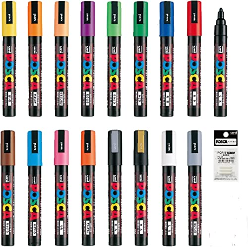 Posca Marker Acrylic Paint Pens Fine Point Tip width 1.8〜2.5mm 17 colors PC-5M, For Rock Painting, Fabric, Glass Paint, Metal Paint Including Pens Posco Marker Sanetomo