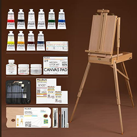 MEEDEN Art Set with French Easel for Professional Artist,Supplies Acrylic Painting(10-60ML) Kit with Paintbrushes for Adults,Pre Painter and Canvas MEEDEN