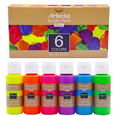 Artecho Neon Paint - Set of 6 Colors, 59 ml / 2 oz Acrylic Paint for Decoration, Art Painting, Outdoor and Indoor Art Craft, Supplies for Canvas, Artecho