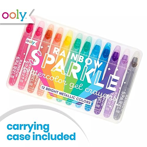 Ooly Rainbow Sparkle Gel Crayons for Kids and Adults - Set of 12 Watercolor Glitter Markers for Glass and Paper Surfaces with Clear Plastic Crayon