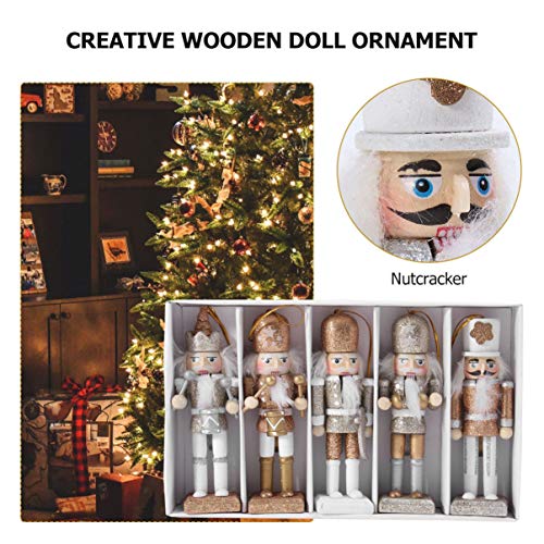 SEWACC 5 Pcs Christmas Nutcracker Wooden Nutcracker Ornaments Christmas Decoration Unfinished Nutcracker Figurines Puppet (White Gold) SEWACC