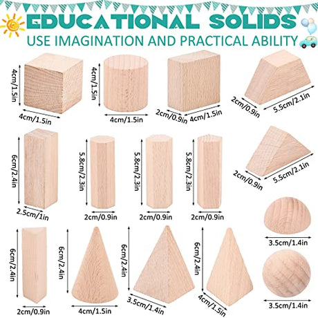Syhood 15 Pcs 3D Shapes Geometric Solids Wooden Shapes Large Size Burlywood Color Geometric Shapes Blocks Set Montessori Learning Toy Pattern Blocks Syhood