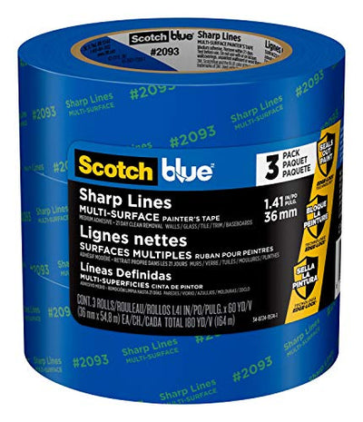 ScotchBlue Sharp Lines Multi-Surface Painter's Tape, 1.41 Inches x 60 Yards, 3 Rolls, Blue, Paint Tape Protects Surfaces and Removes Easily,