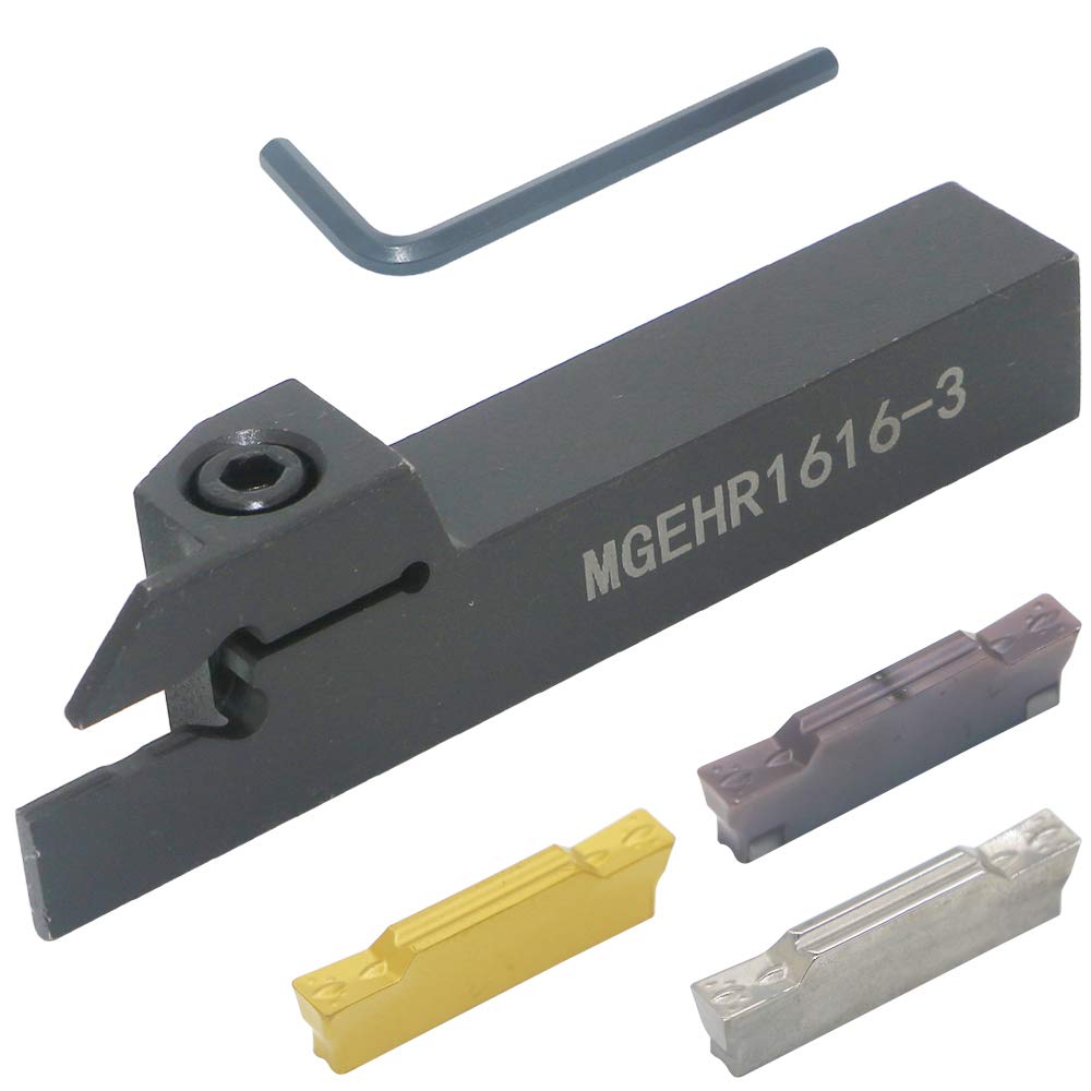 CNC Lathe Grooving Tool Holder MGEHR1616-3(0.63 Inch), with Three MGMN300 Cemented Carbide Blades. Yellow Processed Steel, Fuchsia Processed LingGan