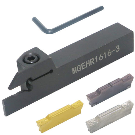 CNC Lathe Grooving Tool Holder MGEHR1616-3(0.63 Inch), with Three MGMN300 Cemented Carbide Blades. Yellow Processed Steel, Fuchsia Processed LingGan