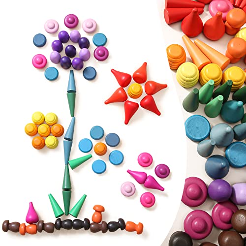 Promise Babe 81 PCS Loose Parts Play Materials Wooden Rainbow Stacking Toy for Toddlers, Preschool Learning Educational Shape Sorting Sensory Play