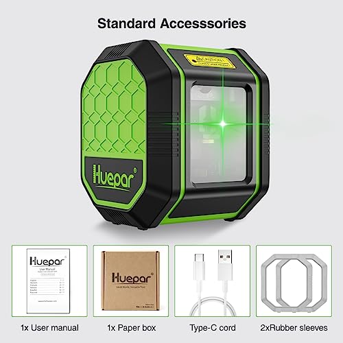 Huepar Green Beam Cross Line Laser Level, Self-Leveling Vertical and Horizontal Line Laser Leveler Tool with Rechargeable Li-ion Battery for Huepar