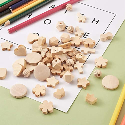 Beadthoven 100pcs 10 Shapes Natural Unfinished Wood Spacer Beads Assorted Wooden Loose Beads for DIY Jewelry Making Bracelet Keychain Home Favor BB Beadthoven
