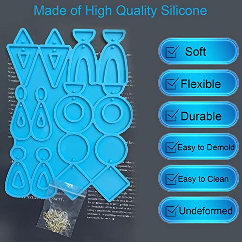 Szecl Earrings Resin Molds Silicone 12 Cavity Earring Epoxy Resin with Hole Triangle Square Round Water Drop Resin Jewelry Molds for Making Earrings