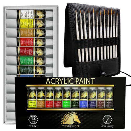 MyArtscape Artist Quality Painting Set - Acrylic Paint - 12 x 12ml Tubes - and Miniature Paint Brushes with Ultra-durable Carry Case Holder MyArtscape