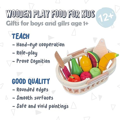 Wooden Cutting Fruits Vegetables Set for Kids, Pretend Play Food Toy Set with Wooden Knife, Tray and Basket for Boys Girls (Fruit Basket)