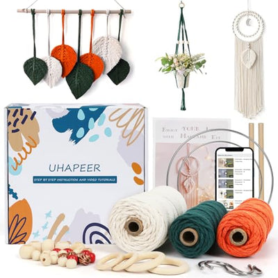 UHAPEER Macrame Kits for Adults Beginners, DIY Macrame Plant Hanger Kit and Macrame Supplies, with 3 mm Macrame Cord Cotton, Macrame Meads, Wooden
