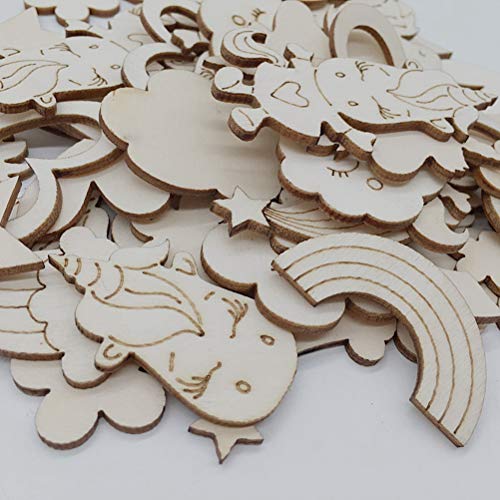 Amosfun 30pcs Wooden Unicorn Shape Wood Discs Slices Unfinished Wooden Cutouts Craft DIY Decoration Amosfun
