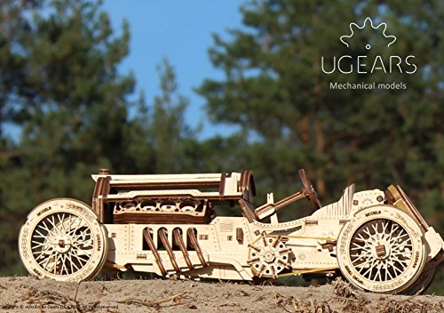 Ugears U-9 Grand Prix Car Wooden Model (DIY Building Kit) Hand-Crank Powered Vehicle w/Working Pistons, Wheels, Shocks | Functional, Authentic Racing UGEARS