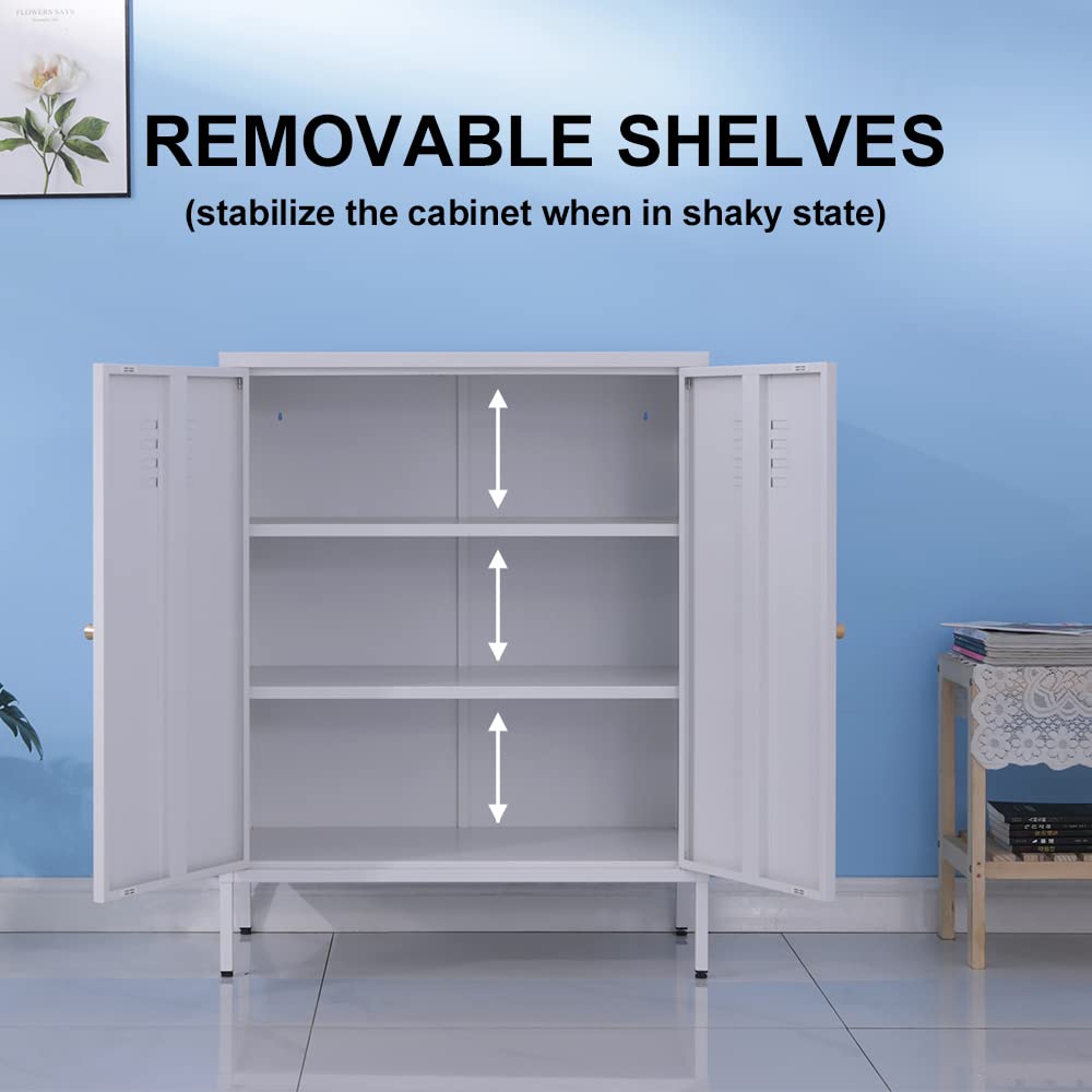 WISUNO Metal Accent Storage Cabinet for Bed Room,Living Room,Home,Hotel,Office,Garage,3-Tier,2 Removable Shelves (2 Metal Door H40.15'', White) WISUNO