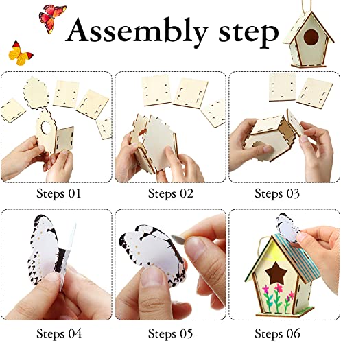 Wooden Birdhouse Craft Kits for Kids to Build, 4 Shapes Wooden Unfinished Bird House with Watercolor Pen and Butterfly Sticker for Boy Girl Children Outus