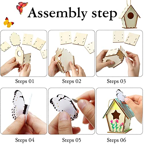 Wooden Birdhouse Craft Kits for Kids to Build, 4 Shapes Wooden Unfinished Bird House with Watercolor Pen and Butterfly Sticker for Boy Girl Children - WoodArtSupply