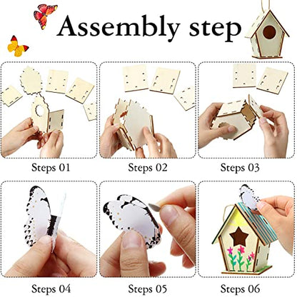 Wooden Birdhouse Craft Kits for Kids to Build, 4 Shapes Wooden Unfinished Bird House with Watercolor Pen and Butterfly Sticker for Boy Girl Children - WoodArtSupply