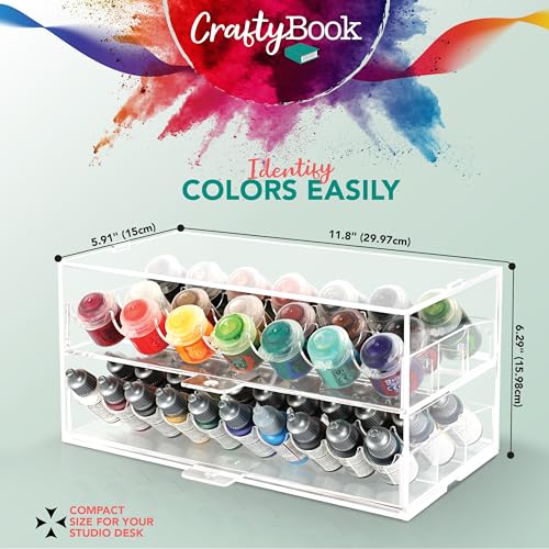 CraftyBook Acrylic Paint Storage Organizer - 50 Bottle Miniature, Hobby, Enamel, Model Paint Holder - 2 Drawer Clear Acrylic Craft Storage - Desktop CraftyBook