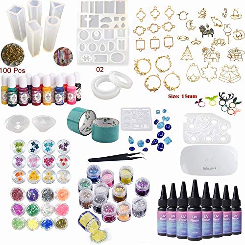 NewVersion- Epoxy Resin UV Glue Kit Clear Transparent Solar Curing with Lamp Molds Liquid Color Pigments 30 Bezels for Pendants Earrings 36