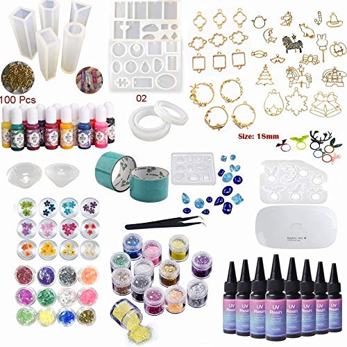 NewVersion- Epoxy Resin UV Glue Kit Clear Transparent Solar Curing with Lamp Molds Liquid Color Pigments 30 Bezels for Pendants Earrings 36 - WoodArtSupply