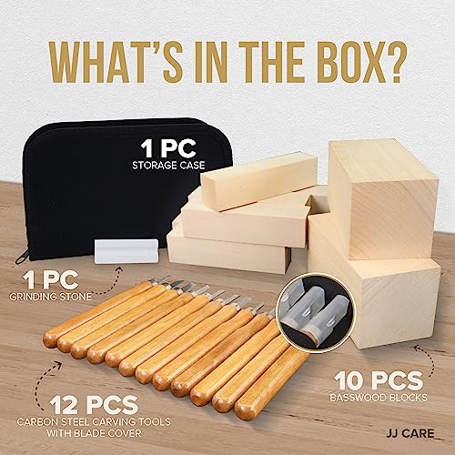 JJ CARE Wood Carving Kit [12 SK2 Wood Carving Knives with Case, 10 Basswood Carving Blocks, and 1 Grinding Stone] - Beginner Wood Carving Kit, Wood