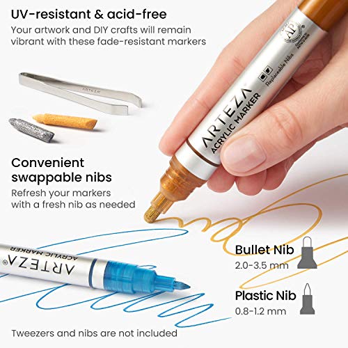 ARTEZA Metallic Acrylic Paint Markers, Set of 20, Paint Pens with Bullet and Wide Nib, Art & Craft Supplies for Glass, Pottery, Ceramic, Plastic, ARTEZA
