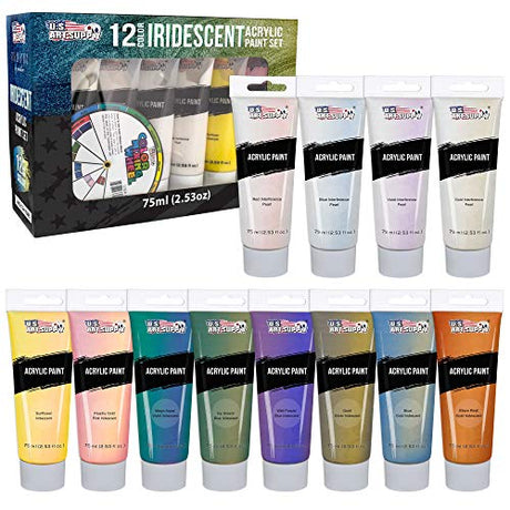 U.S. Art Supply Professional 12 Color Set of Iridescent Acrylic Paint, Large 75ml Tubes - Luminescent Special Effect Chameleon Color-Shifting Pearl U.S. Art Supply