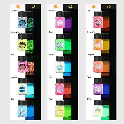 Glow in The Dark Pigment Powder 15 Jar -12 Color Glow Pigment and 3 Color Luminous Flake with UV Lamp - Epoxy Resin Luminous Powder for Slime OSBANG
