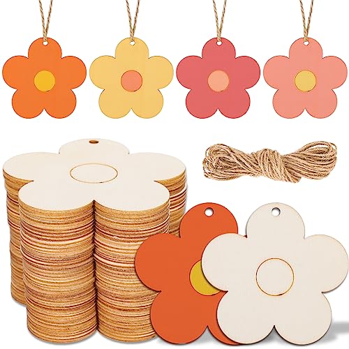 Whaline 50Pcs 3 Inch Wood Flower Cutouts Unfinished Wooden Boho Flower Cutouts with Holes and Hemp Rope DIY Blank Flower Shape Hanging Ornaments
