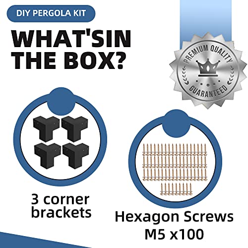 TOCRETOARE Pergola Kit, 4 Pack Woodworks Pergola Brackets 6" x 6" (Actual: 5.5x5.5 Inch), 3-Way Right Angle Corner Brackets, Powder-Coated Pergola TOCRETOARE