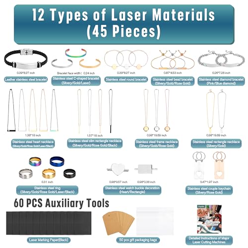 Csyidio 105 PCS Laser Engraving Materials, Jewelry Making Engraving Accessories for All Laser Engravers with Instructions, 45 PCS Stainless Steel Csyidio