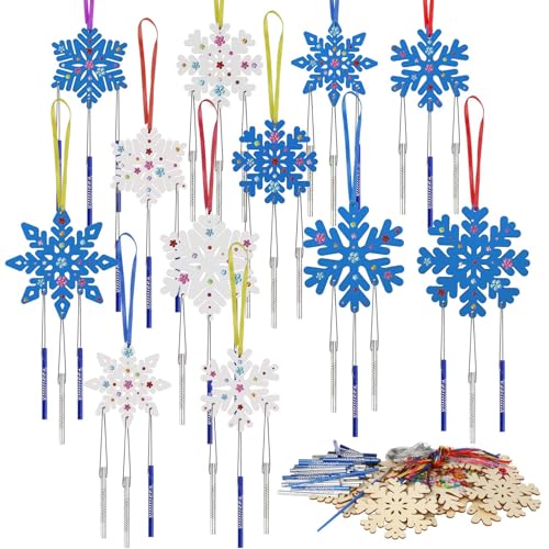 KATOOM 12 Pack Wind Chime Kit for Kids,Christmas Craft Kits DIY Snowflakes Wind Chime Unfinished Wooden Snowflake Ornaments for Boys Girls Activity